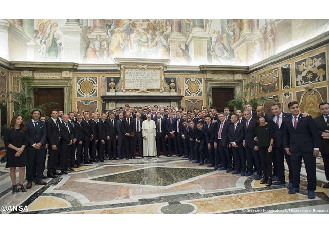 Pope Francis Receives As Roma San Lorenzo Clubs Before Friendly Game